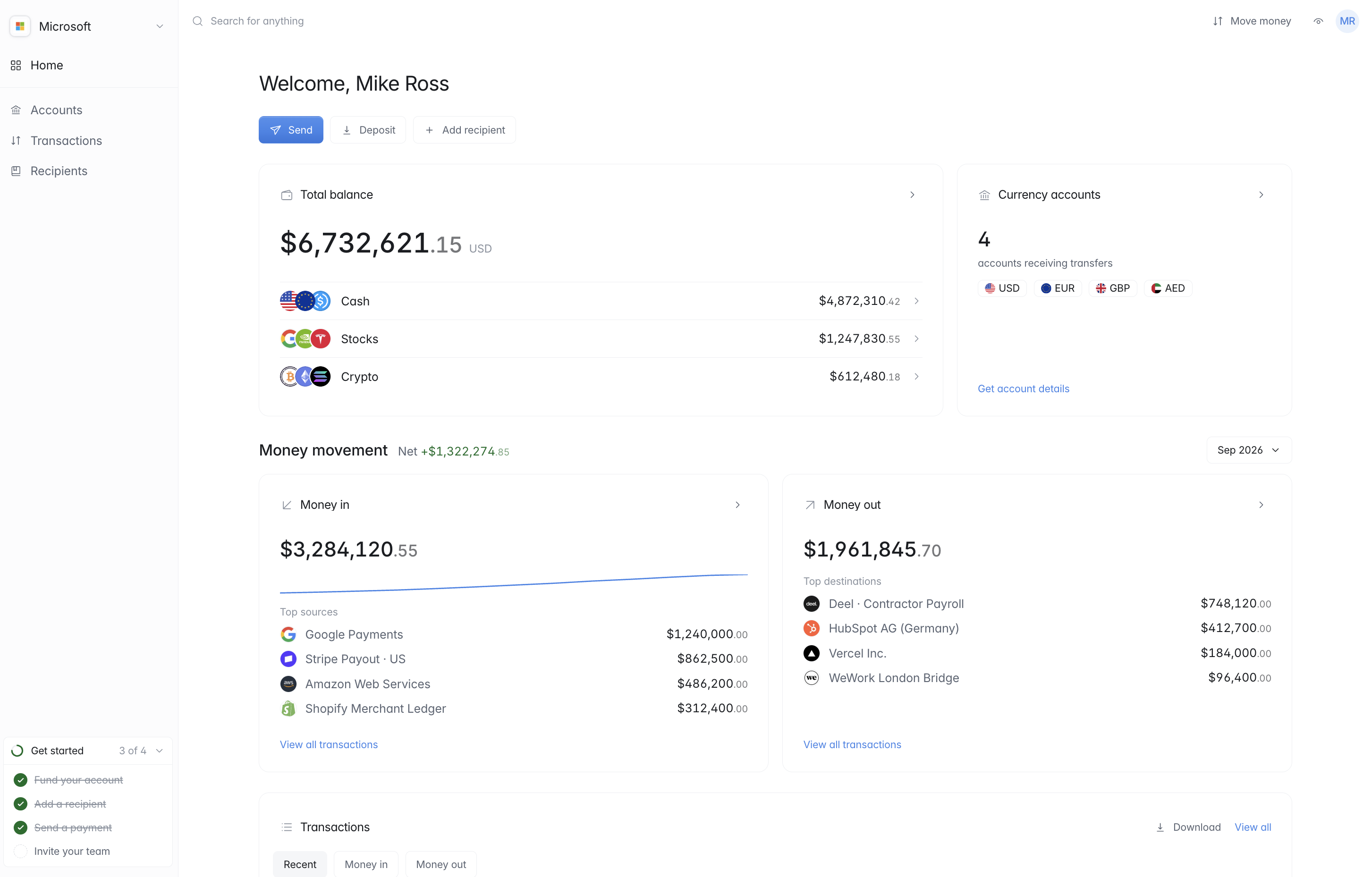 Plaitr dashboard showing company balances, currency accounts and recent payments